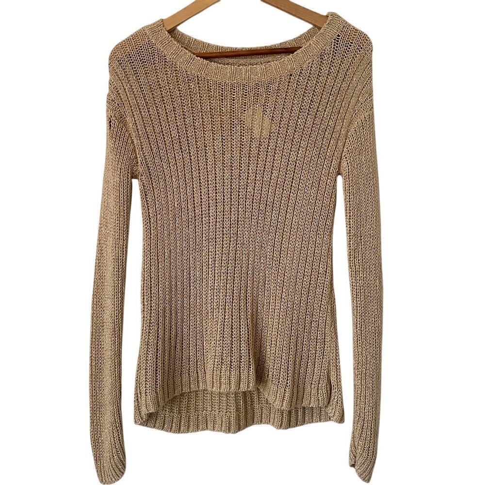 Alice + Olivia Tan Gold Fleck Cotton Blend Loose Knit Pullover Sweater ⬇️